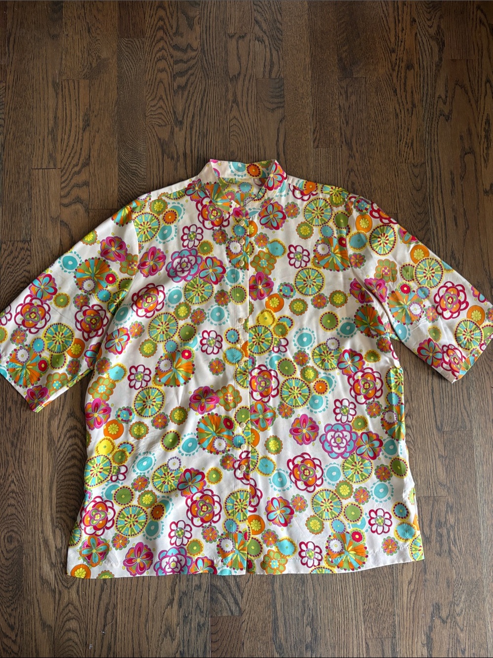 Go Silk Vibrant Multicolor SILK Floral Button-Front Blouse
